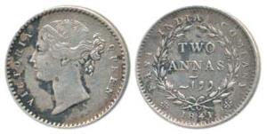 Victoria Queen, Silver 2 Annas, 1841, divided legend, Calcutta Mint, Mule, WW raised, rev.