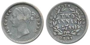 Victoria Queen, Silver 2 Annas, 1841, divided Legend, Madras Mint, S incuse, WW raised, up