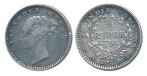 Victoria Queen, Silver ¼ Rupee, 1840, continuous legend, Madras Mint, English Head, S incu