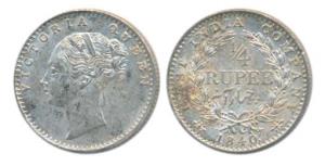 Victoria Queen, Silver ¼ Rupee, 1840, continuous legend, Calcutta Mint, Indian head, incus