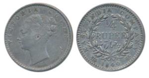 Victoria Queen, Silver ¼ Rupee, 1840, continuous legend, Calcutta Mint, Mule, Indian head,