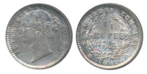 Victoria Queen, Silver ¼ Rupee, 1840, divided Legend, Calcutta / Bombay Mint, WW raised, 1