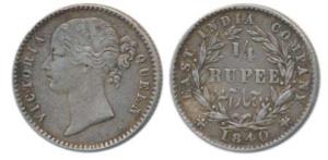 Victoria Queen, Silver ¼ Rupee, 1840, divided Legend, Calcutta / Bombay Mint, WW raised, 1
