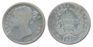 Victoria Queen, Silver ¼ Rupee, 1840, divided Legend, Calcutta Mint, Mule, WW raised, wrea