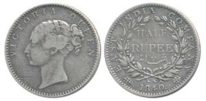 Victoria Queen, Silver ½ Rupee, 1840, continuous legend, Calcutta Mint, English Head, 19 B
