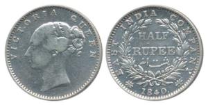 Victoria Queen, Silver ½ Rupee, 1840, continuous legend, Madras Mint, English Head, 19 Ber