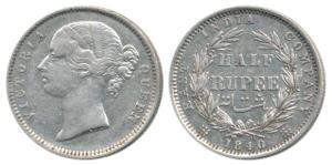 Victoria Queen, Silver ½ Rupee, 1840, divided legend, Madras Mint, S raised WW incuse, 24 