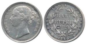 Victoria Queen, Silver ½ Rupee, 1840, divided legend, Madras Mint, B raised WW incuse, 24 