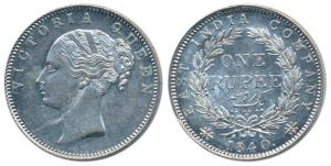 Victoria Queen, Silver Rupee, 1840, continuous legend, Bombay Mint, English Head, rev. I, 