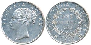 Victoria Queen, Silver Rupee, 1840, continuous legend, Bombay Mint, English Head, rev. II,