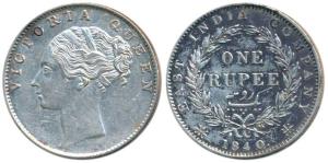 Victoria Queen, Silver Rupee, 1840, continuous legend, Calcutta Mint, Indian Head, 35 Berr