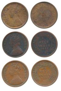 Victoria Queen, Copper ½ Pice, 1862 (3), Calcutta Mint; A tiny ’v’ in relief in centre of 