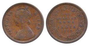 Victoria Queen, Copper ¼ Anna, 1862, Calcutta Mint, 4 lace panels in jabot with a single f
