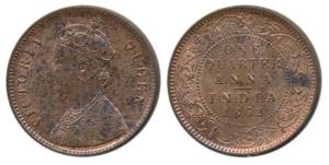 Victoria Queen, Copper ¼ Anna, 1862, Calcutta Mint, 4 lace panels in jabot with a single f