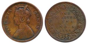 Victoria Queen, Copper ¼ Anna, 1862, Bombay Mint, 4 lace panels in jabot with a single flo