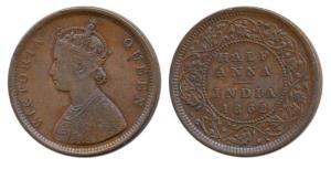 Victoria Queen, Copper ½ Anna, 1862, Calcutta Mint, slanting top to numeral 1 in date, (Pr