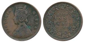 Victoria Queen, Copper ½ Anna, 1862, Calcutta Mint, Bust B, 4 panels in jabot with tiny ’v
