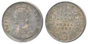 Victoria Queen, Silver 2 Annas, 1862, Calcutta Mint, No Mint mark, top three petals of the
