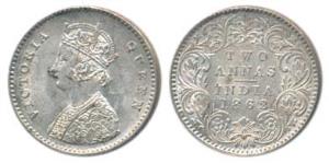 Victoria Queen, Silver 2 Annas, 1862, Calcutta Mint, No Mint mark, top three petals of the