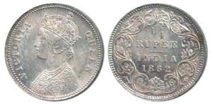 Victoria Queen, Silver ¼ Rupee, 1862, Calcutta Mint, A / I / No mint mark, (Prid 376). Unc
