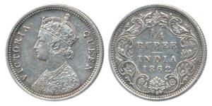 Victoria Queen, Silver ¼ Rupee, 1862, Bombay Mint, A / I / No mint mark, (Prid 377). About