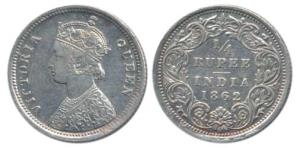 Victoria Queen, Silver ¼ Rupee, 1862, Bombay Mint, A / I / No mint mark, inverted numeral 