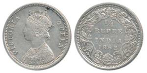 Victoria Queen, Silver ¼ Rupee, 1862, Madras Mint, A / I / No mint mark, (Prid 378). About