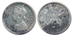 Victoria Queen, Silver ¼ Rupee, 1862, Madras Mint, A / I / No mint mark, inverted numeral 