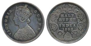 Victoria Queen, Silver ½ Rupee, 1862, Calcutta Mint, A / I, (Prid 255). Nice mint luster, 