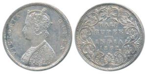 Victoria Queen, Silver ½ Rupee, 1862, Bombay Mint, B1 / II, Round pearls in the crown, (Pr