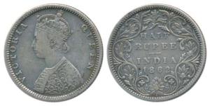 Victoria Queen, Silver ½ Rupee, 1862, Madras Mint, B1 / II, Elongated pearls in the crown,