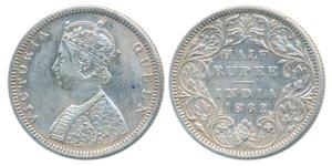 Victoria Queen, Silver ½ Rupee, 1862, Madras Mint, B2 / II, Elongated pearls in the crown,