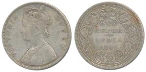 Victoria Queen, Silver Rupee, 1862, Bombay Mint, B / II, rev. crude style; scroll like flo