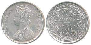 Victoria Queen, Silver Rupee, 1862, Bombay Mint, B / II, rev. crude style; scroll like flo