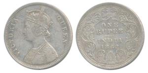 Victoria Queen, Silver Rupee, 1862, Calcutta Mint, A / I, with crescent ’1’ in date tilted
