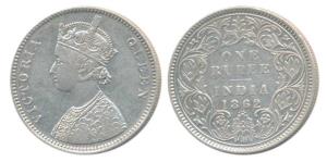 Victoria Queen, Silver Rupee, 1862, Bombay Mint, A / I / 0 / 5, One smaller dot added late
