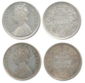 Victoria Queen, Silver Rupee, 1862 (2), Bombay Mint, A / II / 0 / 5, both broken D in Indi