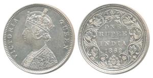 Victoria Queen, Silver Rupee, 1862, Bombay Mint, A / II / 1 / 7, Top dot within top flower