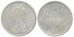 Victoria Queen, Silver Rupee, 1862, Bombay Mint, A / II / 1 / 10, Top dot within top flowe