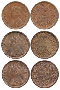 Victoria Empress, Copper ½ Pice (3), 1886, 1887 and 1888, Calcutta Mint, (Prid 718, 719 & 