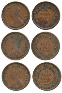 Victoria Empress, Copper ½ Pice (3), 1889, 1890 and 1891, Calcutta Mint, (Prid 721, 722 & 