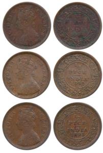 Victoria Empress, Copper ½ Pice (3), 1892, 1893 and 1894, Calcutta Mint, (Prid 725, 726 & 
