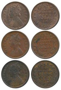 Victoria Queen, Copper ¼ Anna (3), 1874, 1875 and 1876, Calcutta Mint, (Prid 608, 609 & 61