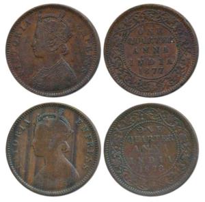 Victoria Empress, Copper ¼ Anna (2), 1877 and 1878, Calcutta Mint, (Prid 611 & 612). Fine 
