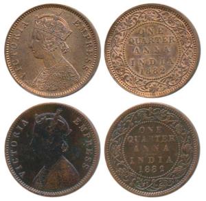 Victoria Empress, Copper ¼ Anna, 1882 (2), Calcutta Mint, C below date on centre bead; Bom