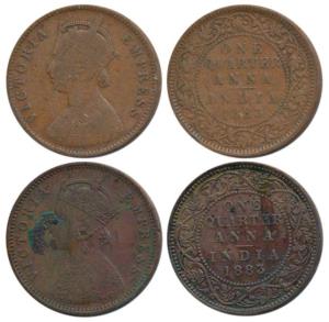 Victoria Empress, Copper ¼ Anna, 1883 (2), Calcutta Mint, C below date on centre bead; Bom