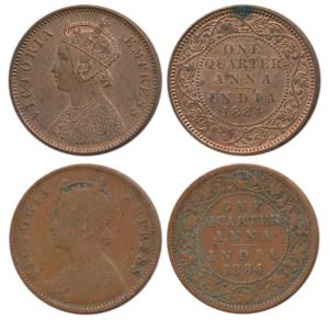 Victoria Empress, Copper ¼ Anna, 1884 (2), Calcutta Mint, C below date on centre bead; Bom