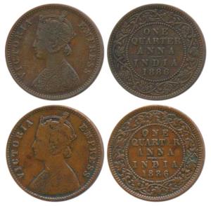 Victoria Empress, Copper ¼ Anna, 1886 (2), Calcutta Mint, C below date on centre bead; Bom