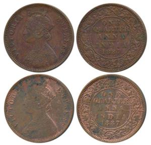 Victoria Empress, Copper ¼ Anna, 1887 (2), Calcutta Mint, C below date on centre bead; Bom
