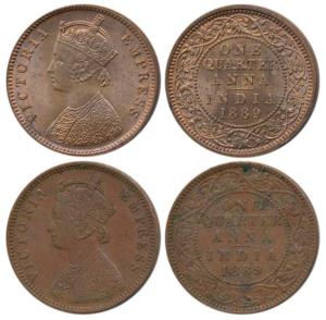 Victoria Empress, Copper ¼ Anna (2), 1889, Calcutta Mint; Bombay Mint, (Prid 622 & 644). V